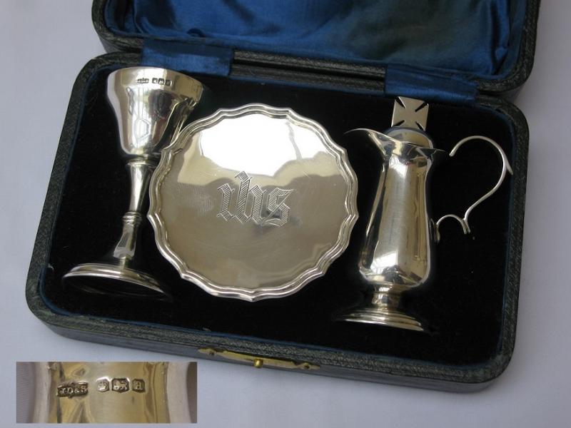 Antique Sterling Silver WWI 1918 Three Piece Travelling communion Set