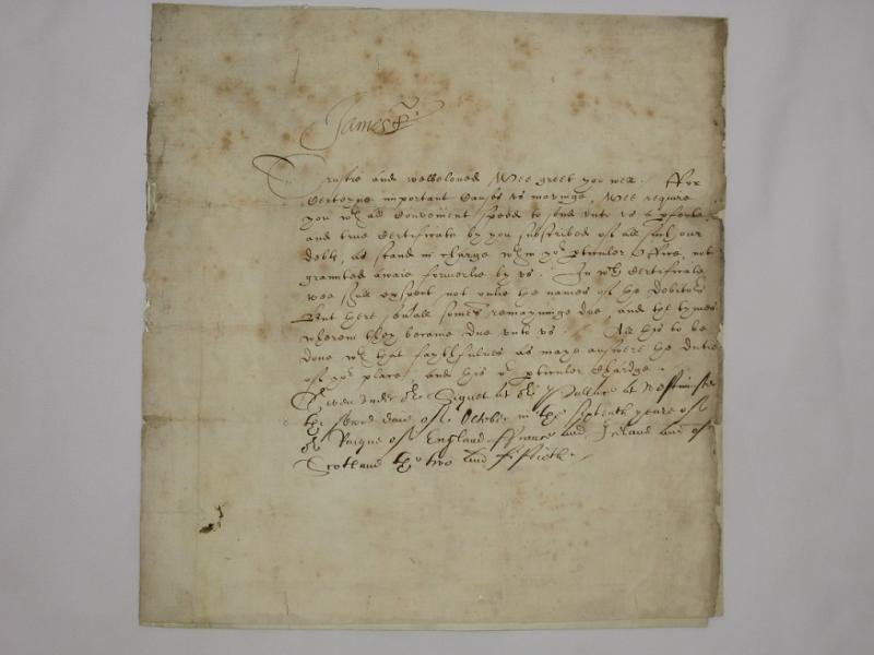 King James I. Magnificent hand signed document date October 1618 Westminster, Londo