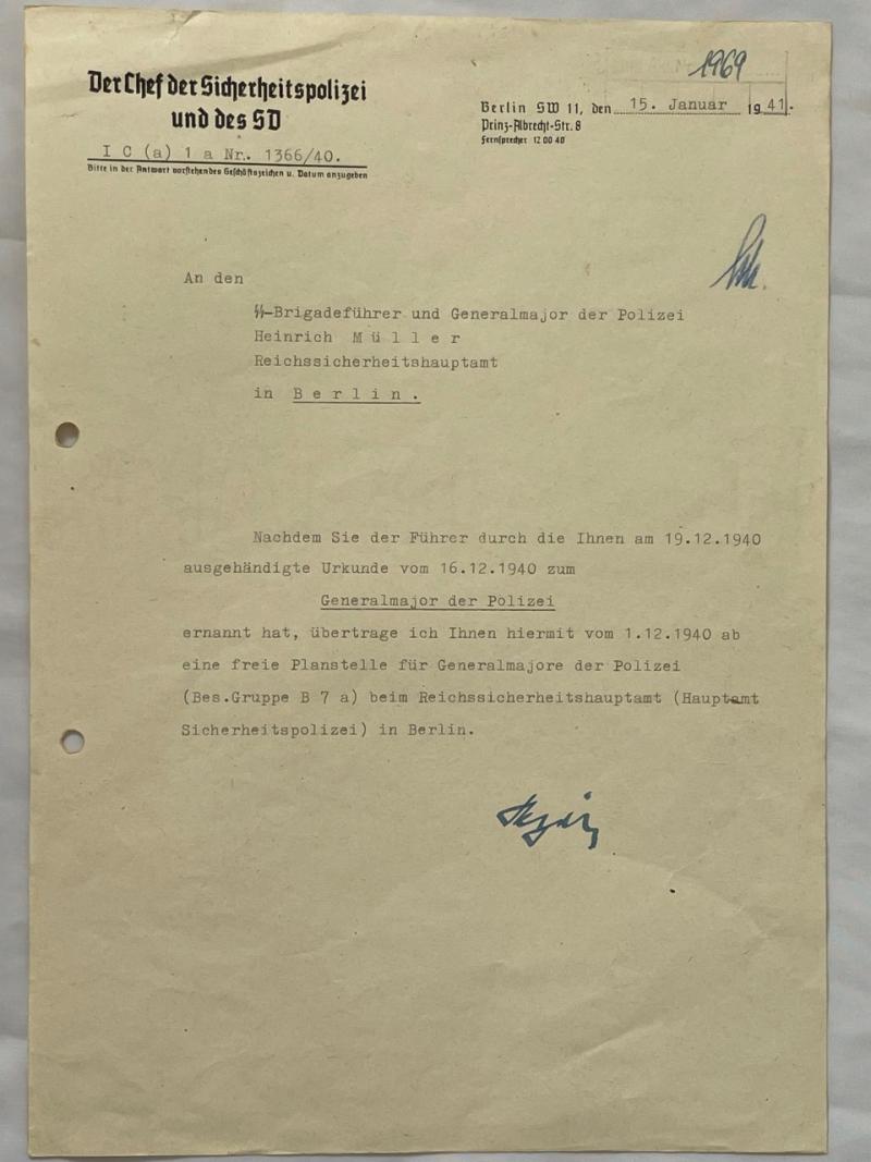 Rare German WWII Reinhard Heydrich Hand Signed Letter Dated 1941.