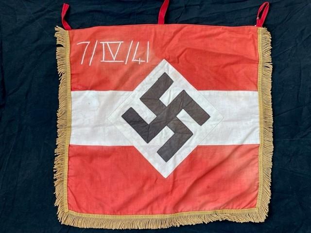 WW2 GERMAN HITLER YOUTH TRUMPET BANNER, RARE UNIT MARKED EXAMPLE