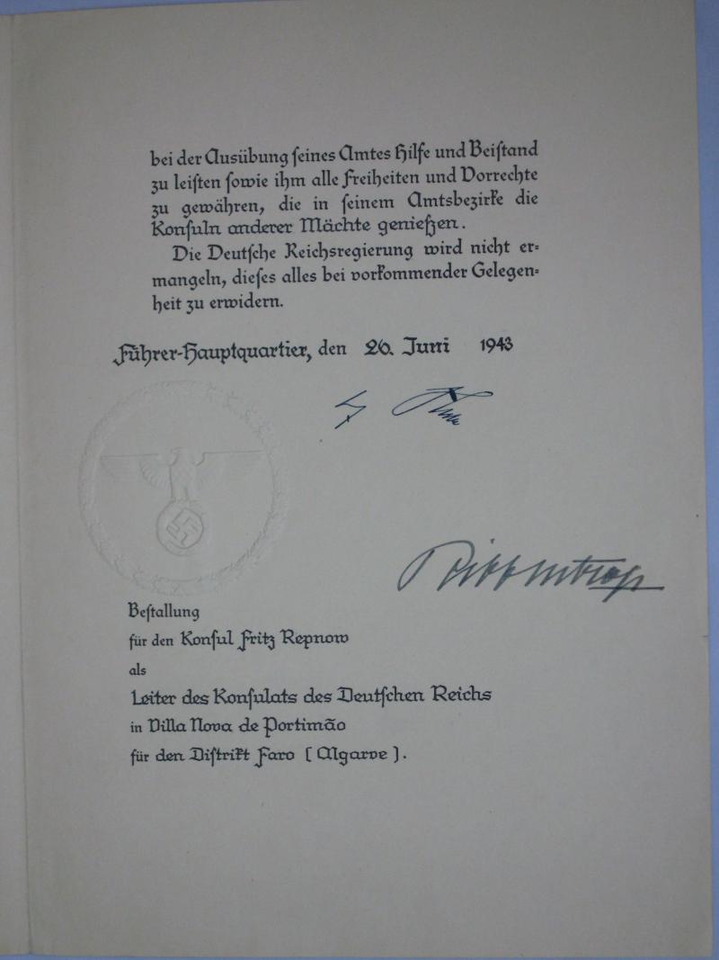 GERMAN WWII ORIGINAL HAND SIGNED PROMOTIONAL DOCUMENT SIGNED BY ADOLF HITLER AND VON RIBBENTROP.