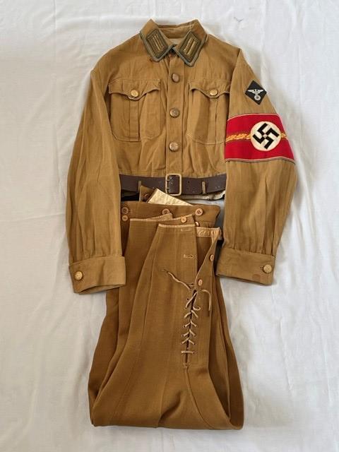 GERMAN WWII COMPLETE SET, EARLY PATTERN ORTSGRUPPENLEITER, SHIRT, ARMBAND, TROUSERS AND BELT.