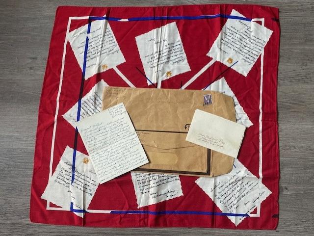 A VERY NICE US SWEETHEART COTTON SCARF COVERED IN SODIERS LOVE LETTERS.