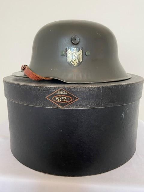 WWII GERMAN EREL MAKER STAMPED, CHILDS HELMET WITH ORIGINAL BOX AND STRAW OF ISSUE.