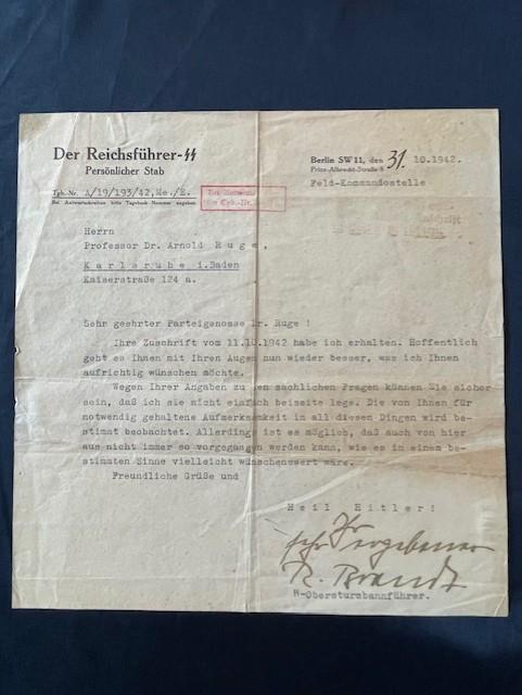 HAND SIGNED DOCUMENT SS OFFICER STANDARTENFUHRER RUDOLF BRANDT HIMMLERS CHIEF OF STAFF