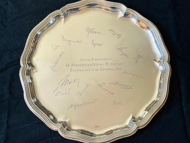 HISTORICALLY INTERESTING SS GERMAN SILVER HALLMARKED PRESENTATION SALVER TO INFAMOUS SS OFFICER JULIAN SCHERNER DATED 1936