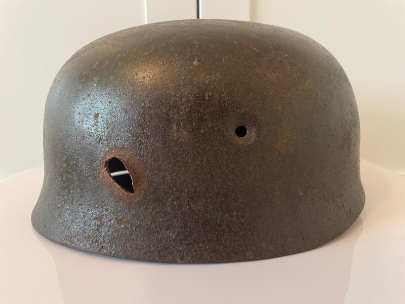 ORIGINAL WWII GERMAN M38 FALLSCHIRMJAGER HELMET WITH BULLET HOLE.