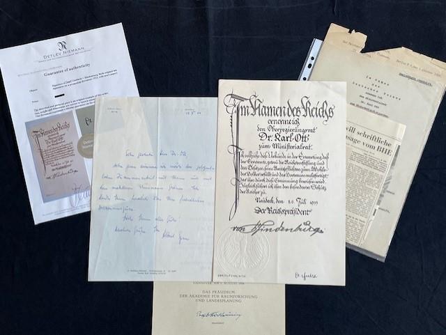 WWII GERMAN HAND SIGNED DOCUMENTS GROUPING, JOSEPH GOEBBELS, ALBERT SPEER AND VON HINDENBURG