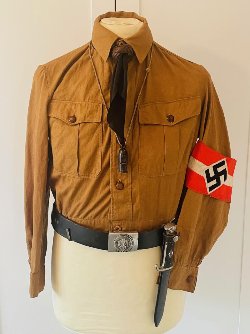 WWII GERMAN HITLER YOUTH BOY UNIFORM SET WITH DAGGER, ARMBAND, BELT AND BUCKLE