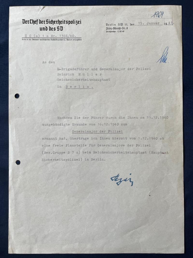 VERY RARE HAND SIGNED DOCUMENT BY SS OBERGRUPPEN FUHRER REINHARD HEYDRICH