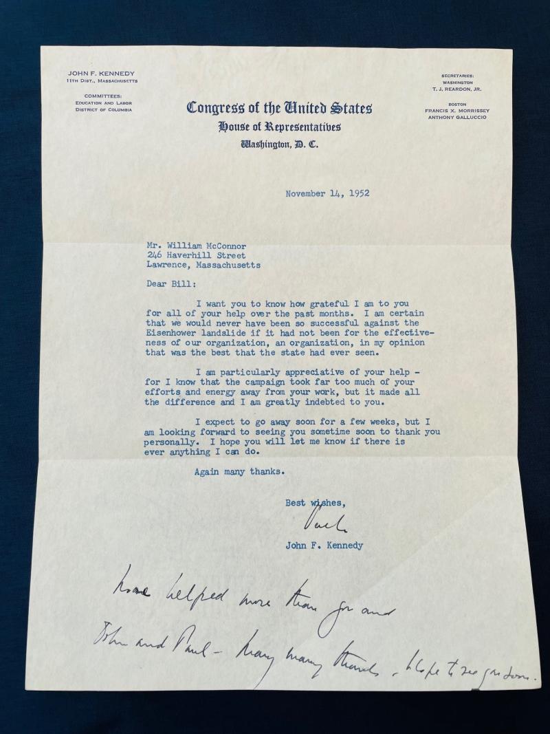 RARE JOHN F KENNEDY AUTOGRAPHED LETTER HAND SIGNED & INSCRIPED.
