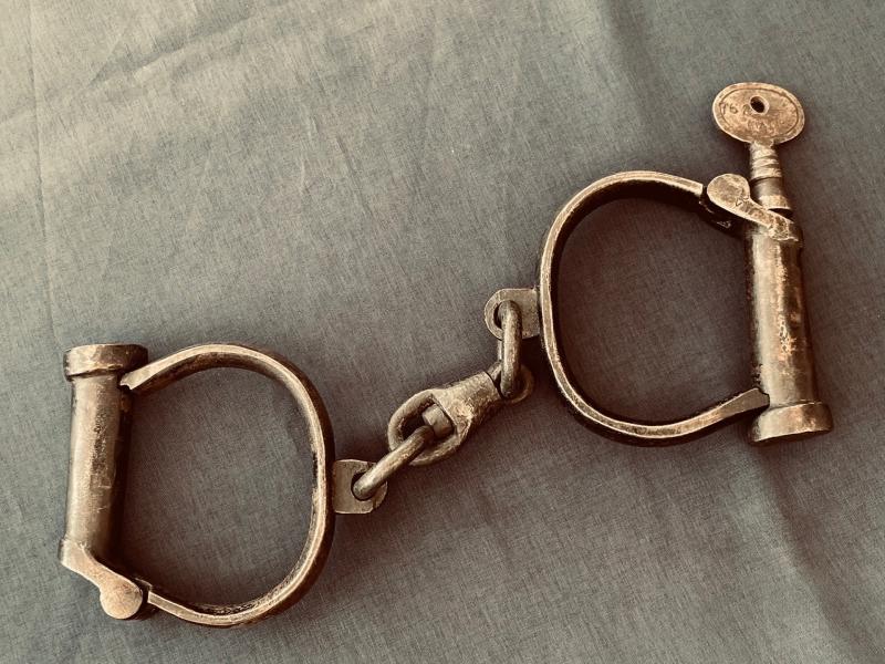 Rare Set of WW2 Military Wrought Iron Handcuffs Dated 1942, Hiatt Best.