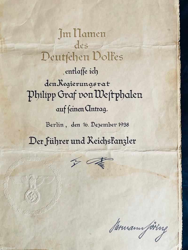 WWII HAND SIGNED BY REICHSMARSCHALL HERMANN GORING AWARD/APPOINTMENT CERTIFICATE