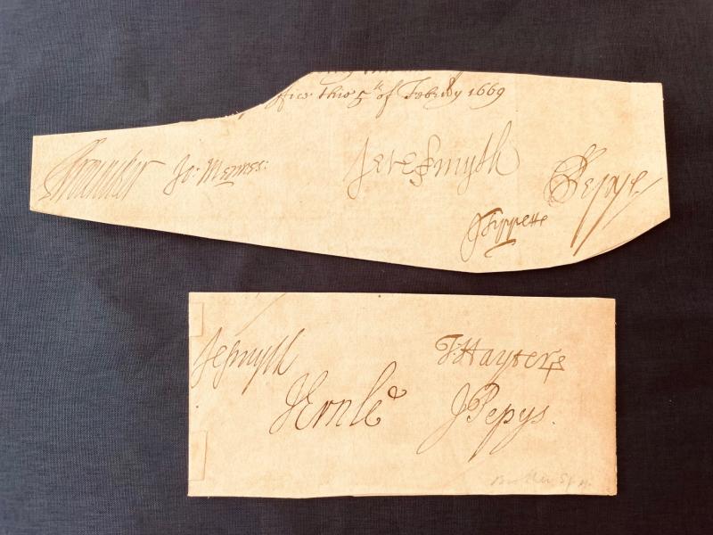 TOTALLY AUTHENTIC SAMUEL PEPYS AND JOHN PEPYS HAND INK SIGNATURES INCLUDING 7 OTHERS.