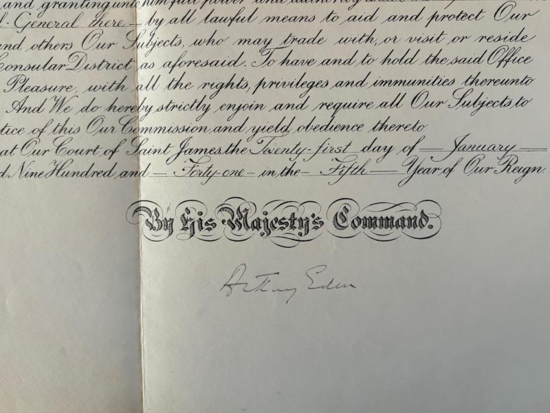 WW2 hand ink signed 1941 King George VI and Antony Eden document, USA Connection ADDITIONAL PHOTOS