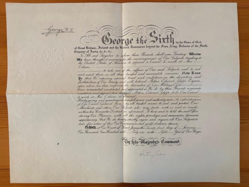 WW2 hand ink signed 1941 King George VI and Antony Eden document, USA Connection
