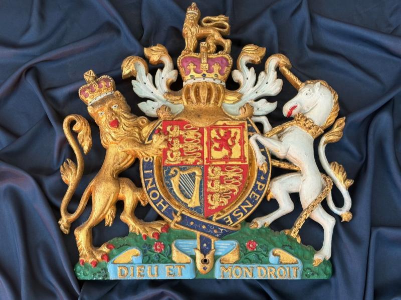 Beautiful Large Heavy early 1950s Elizabeth II Metal Royal Coat of Arms wall plaque.