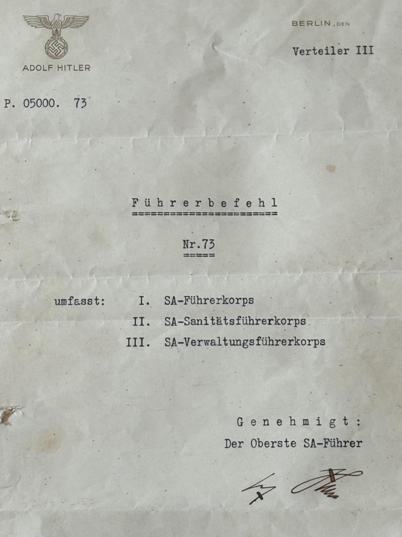 Very Rare Authentic WW2 Adolf Hitler Hand Signed in ink Signature Order document to the SA (Brown Shirts -Stormtroopers), from the Reichs Chancellery.