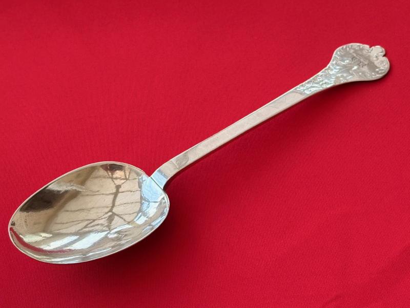 Rare King Charles II 1683 Era English Sterling Silver Lace Back Trifid Tablespoon.
