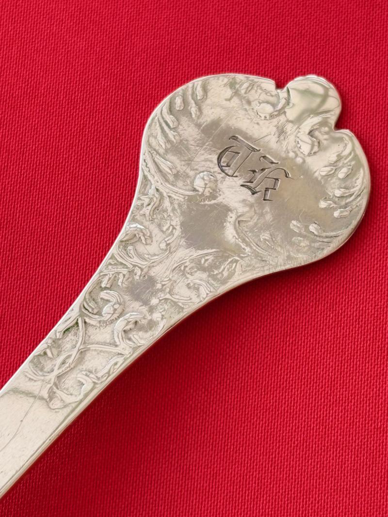 Rare King Charles II 1683 Era English Sterling Silver Lace Back Trifid Tablespoon.