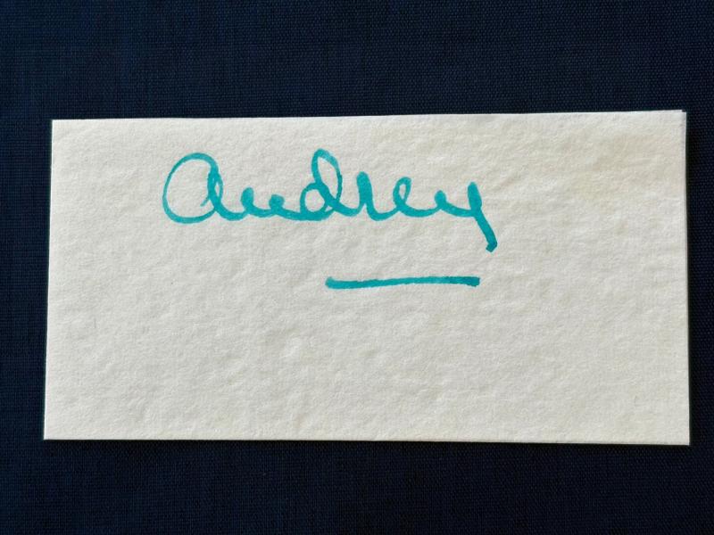 Audrey Hepburn Authentic Original Hand Signed in Blue Ink Autograph 'Audrey'.
