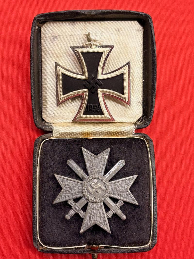 WW2 German Iron Cross & Cased War Merit Cross 1st Class with Swords Pair. 4, Steinhauer & Luck and 62, for Kerbach & Österhelt, Dresden.