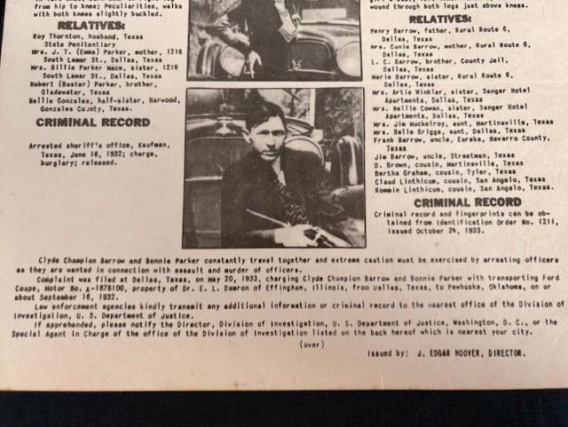 ORIGINAL BONNIE & CLYDE ISSUED WANTED POSTER DATED 1934