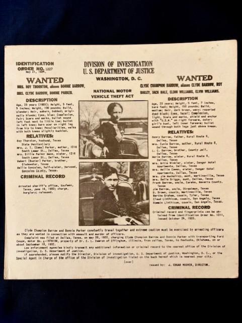 ORIGINAL BONNIE & CLYDE ISSUED WANTED POSTER DATED 1934
